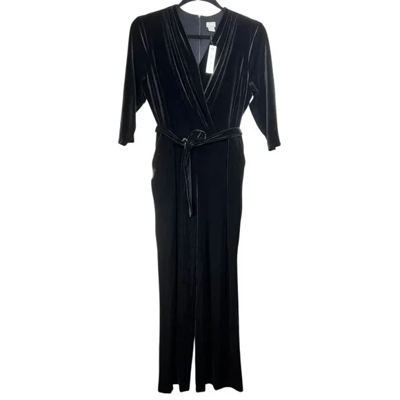 NEW Chico's Womens Black Wide Leg Waist Tie Elegant Velvet Jumpsuit Size 3 US 16 - Picture 4 of 16